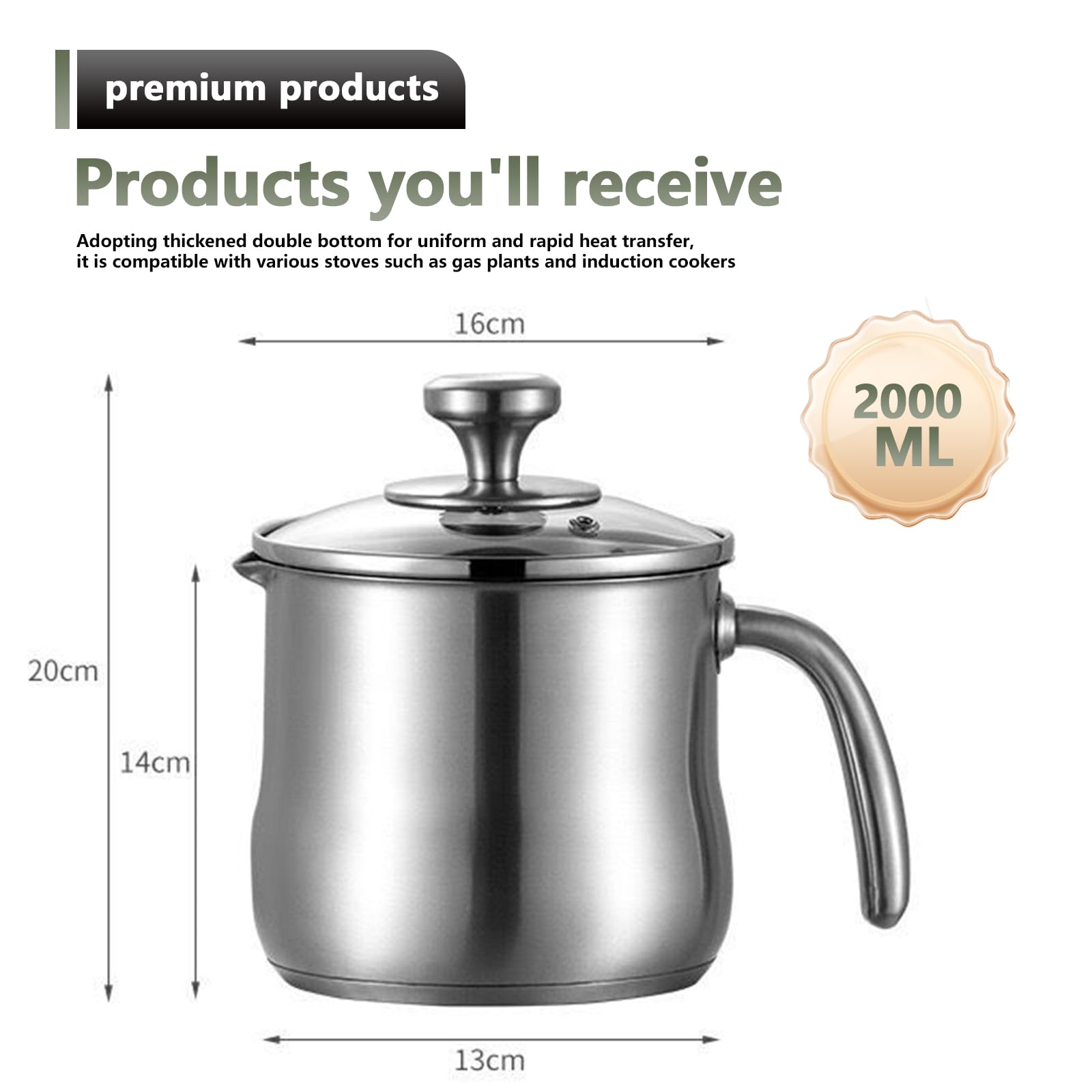 Pentola per latte in acciaio inox con coperchio e beccuccio, pentola a induzione con manico, pentola per budino, per gas elettrico e tutti i piani cottura