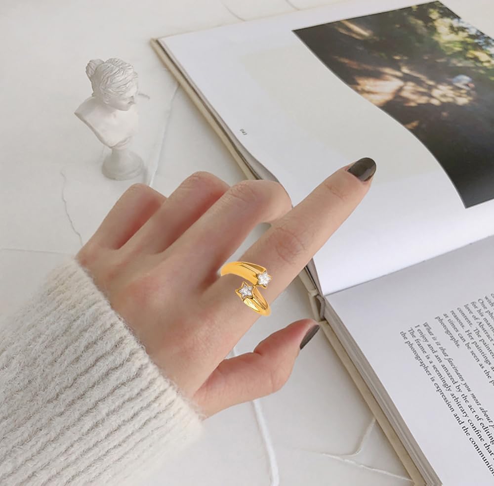 Layered CZ Star Promise Ring for Women Gold-Toned Fashion Adjustable Round Rhinestone Stacking Statement Open Wide Wrap Finger Rings Comfort Fit Chic Geometric Stainless Steel Jewelry for Wedding Engagement - Image 2