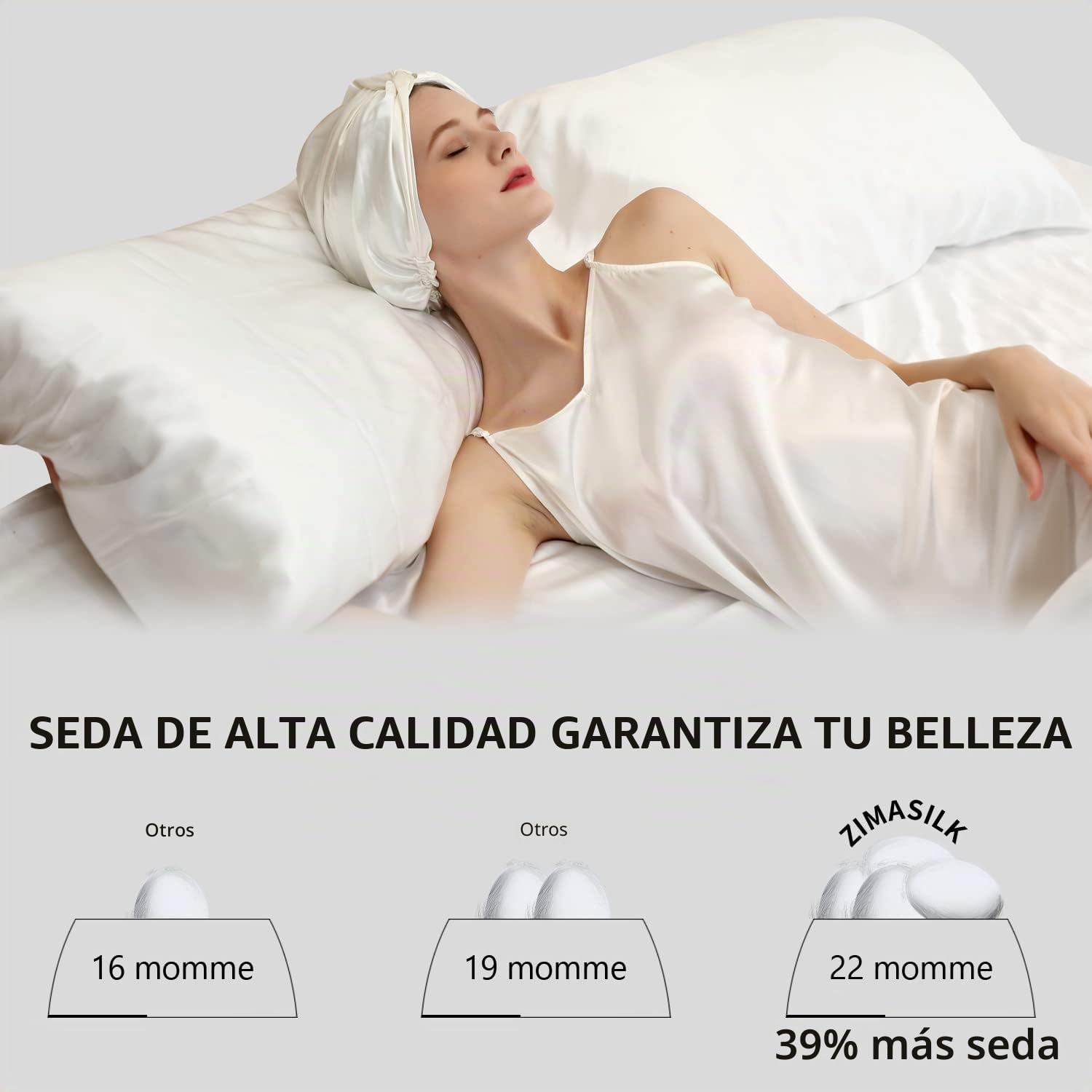 ZIMASILK - Gorro de seda 100 % de morera de 22 mm para dormir con elástico que se adapta a la cabeza y plisado clásico, gorro de seda para el cuidado del cabello de la mujer (1 unidad, marfil)