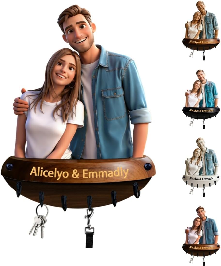 Personalized 2D Flat Cartoon Style Wall Mount Key Holder Custom Name Photo Couple Hanging Hooks Couple Picutre Frame Wooden Keys Rack Hanger Anniversary Key Holder Home Decor Housewarming Gift