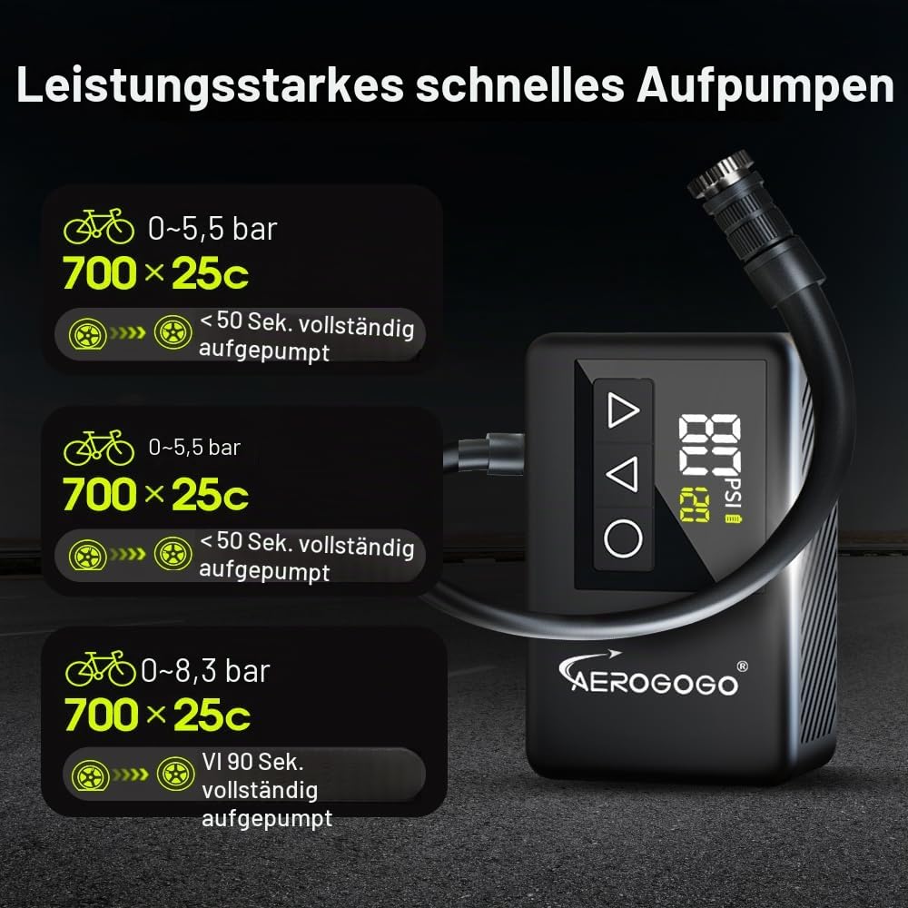 GIGA Pump Wiederaufladbare Mini-Fahrradpumpe, 120 PSI, Fahrradpumpe mit digitalem Manometer, tragbare Fahrrad-Luftpumpe, Reifenfüller, Mountain-, Presta- und Schrader-Ventile, voreingestellter Druck