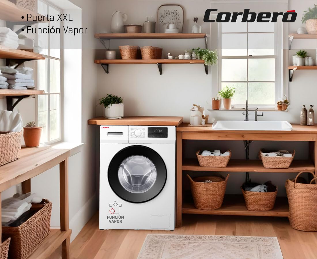 Corberó - Lavadora Carga Frontal Plus 7kg | CLT712VIN | 1200 Rpm | Motor Inverter | 16 Programas | Vapor Antialérgico | Inicio Diferido 3-24h | Lavado Rápido 15-30 Min | Puerta XXL | Blanco