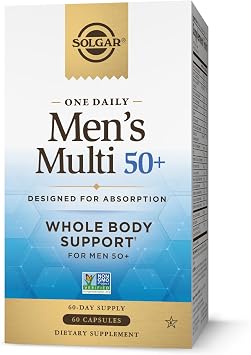 Solgar One Daily Mens Multi 50+ دعم الجسم بالكامل للرجال بعمر 50 عامًا فما فوق، إطلاق متأخر عالي الامتصاص للقلب والطاقة والإجهاد والعضلات والعظام ودعم البروستاتا، فيتامين 60 كبسولة نباتية، 60 حصة