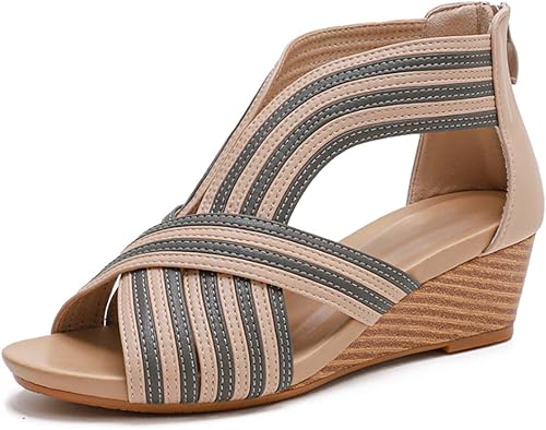 WOJWSKI Sandalias de cuña para mujer, bohemia, puntera abierta, tacón bajo, cremallera trasera, plataforma, vestido de verano, sandalias de playa