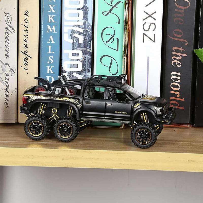Image of Kids Model 1:24 Raptor F150 Die Cast Metal Car Pull Back Action Opening Doors with Realistic Engine Sound Lights Toy Car Gift for Boys - Black
