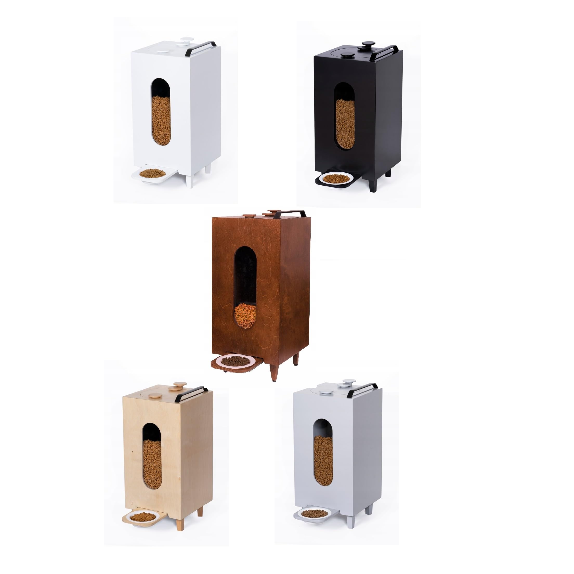 QLS Dispensador de alimentos secos 20 L para gatos y perros, comedero automático con bandeja de animales, 60 x 30 x 30 cm (marrón #E10197) | Dispensa alimentación con palanca en porciones iguales. Con cuenco en el tamaño deseado y caja de madera