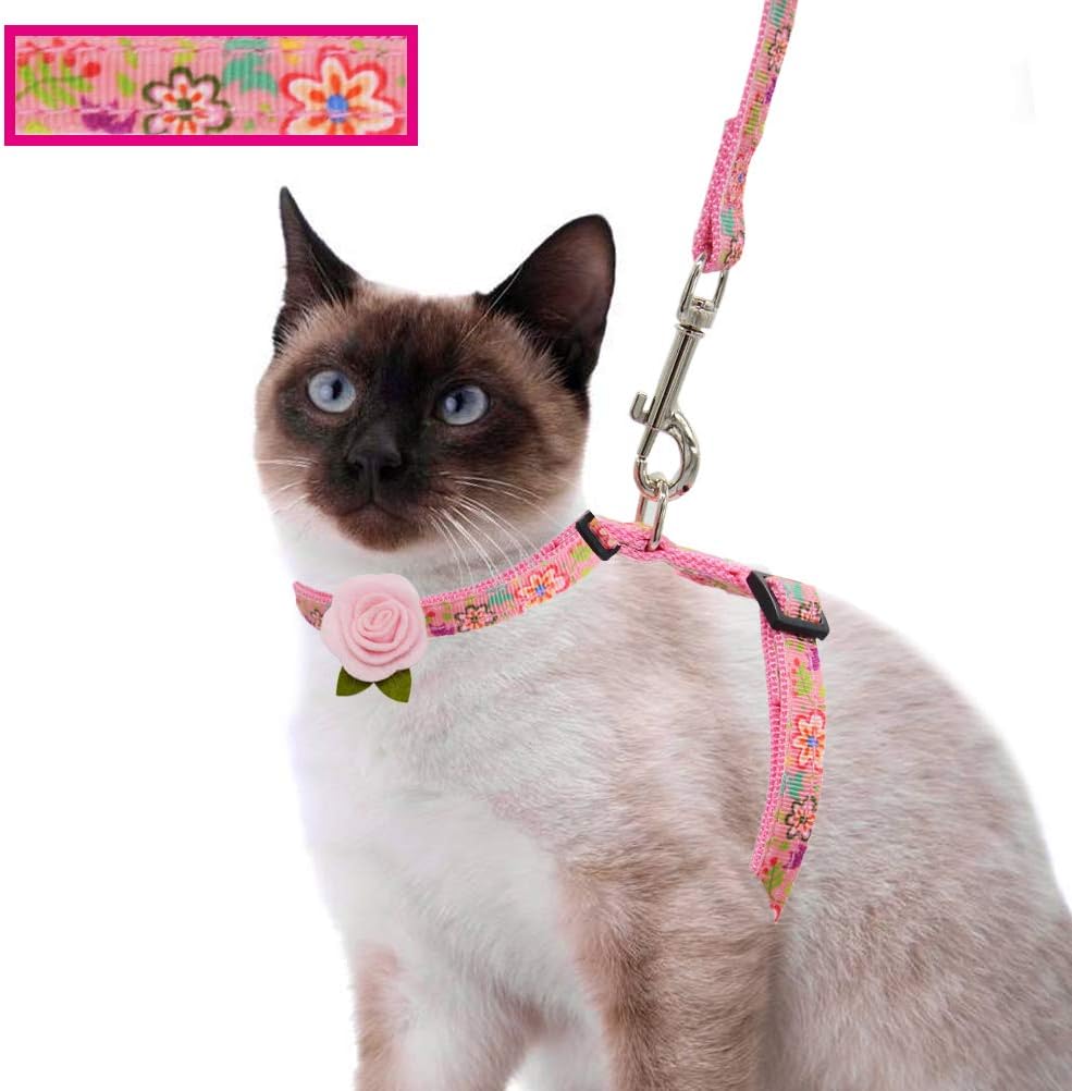 Cat Harness and Leash Set for Walking Escape Proof Adjustable Kitten Harness with Removable Flower H-Style Floral Pattern for Spring…