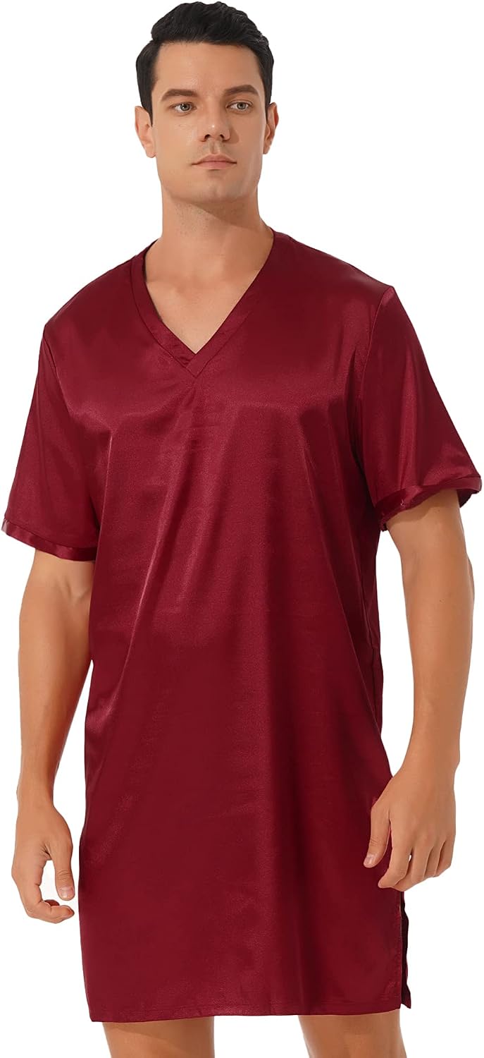 iEFiEL Mens Satin Nightgown Sleep Robes Dress Summer Short Sleeve V Neck Sides Split Sleepwear Nightclothes