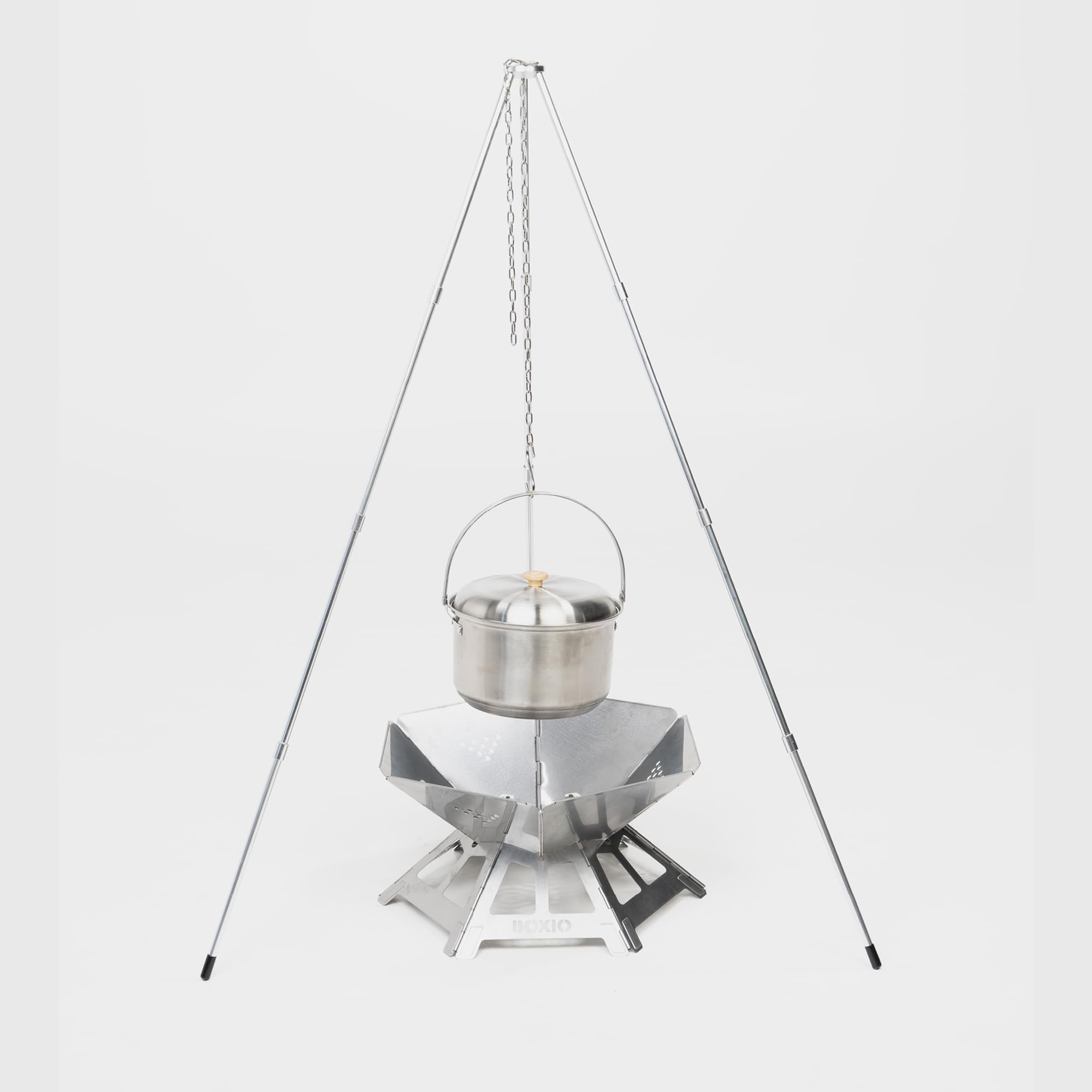 BOXIO - FIRE BUNDLE: braciere in acciaio inox con griglia e tre zampe – braciere ottagono per esterni e campeggio, piccolo braciere con parascintille, set di mini braciere per giardino e falò