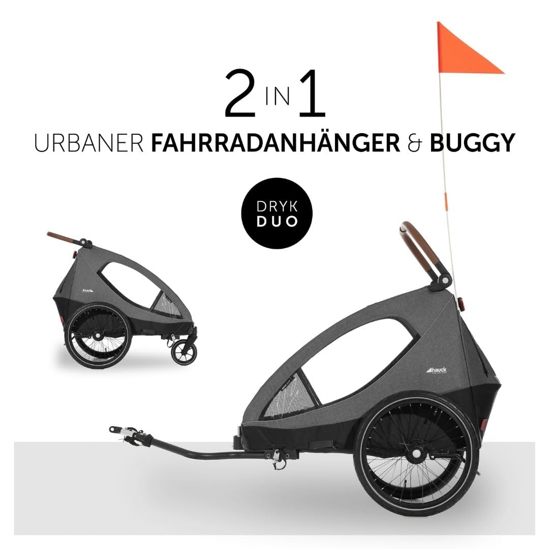 hauck 2in1 Fahrradanhänger Dryk Duo Set inkl. Baby Lounger | Zwillingsanhänger und Kinderwagen für 2 Kinder | faltbar & gefedert, XL Luftreifen