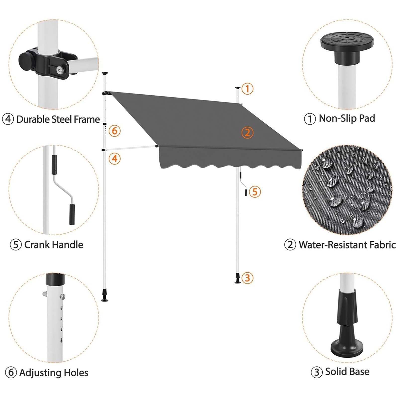 Marquise Soleil Enroulable avec Manivelle, Auvent sans perçage Télescopique, Imperméable Protection UV, pour Extérieur Patio, Hauteur réglable(Gray,150 * 150cm)