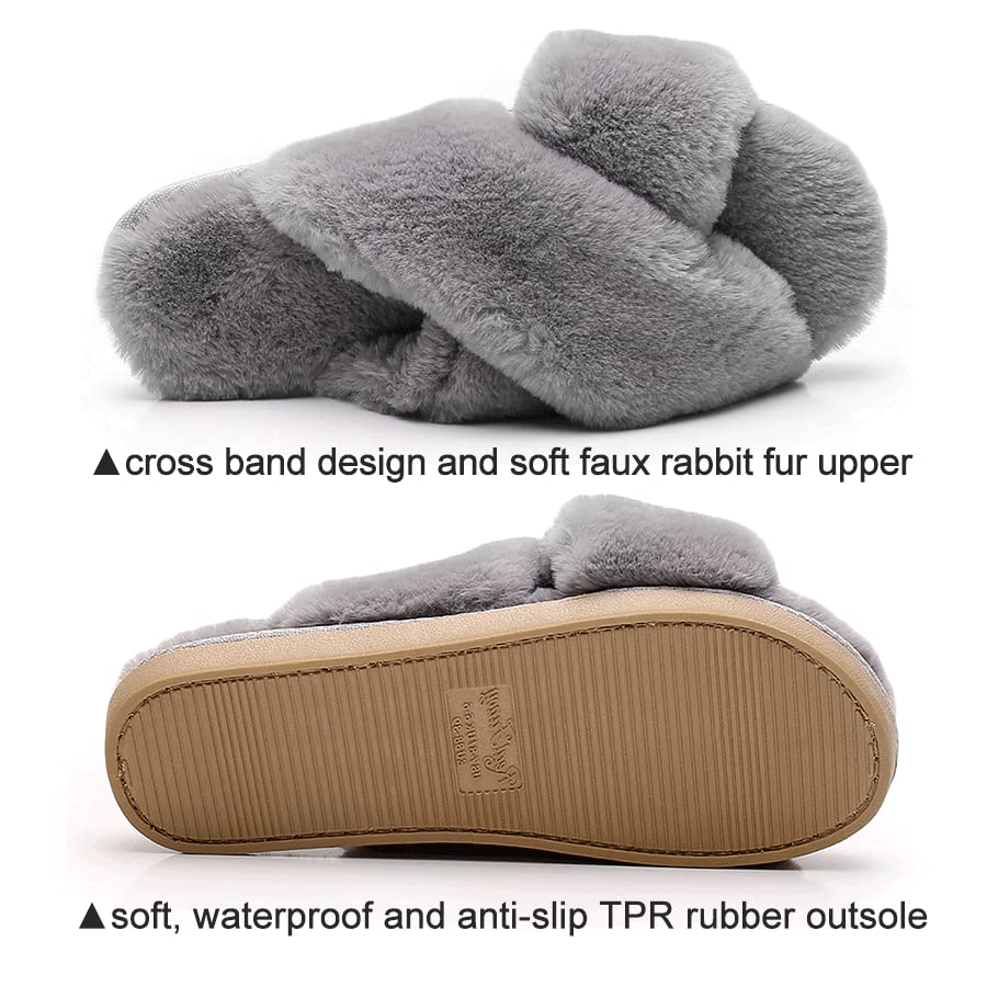 Fuzzy Slippers for Women - Fluffy Crossover Faux Fur House Slipper Open Toe Memory Foam Slippers2