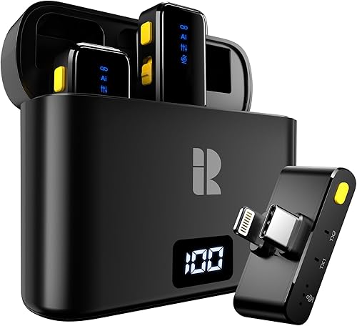 Miniatura 10 de Micrófono Lavalier inalámbrico para iPhone con cancelación de ruido, transmisión de 100 pies, duración de la batería de 18 horas, micrófono