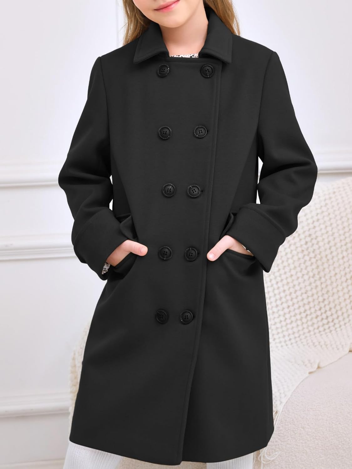 Haloumoning Girls Double Breasted Trench Coat Kids Notch Lapel Long Peacoat with Pockets 5-14 Years - Image 4