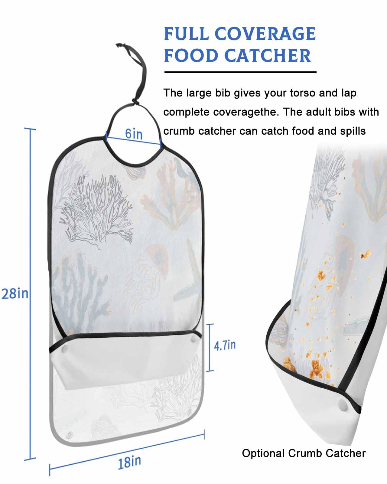 LEOKOTI Blue Pink Coral Coastal Adult Bibs for Eating, Waterproof Bibs with Food Catcher & Adjustable Snap Closure, Nautical Starfish Summer Beach Washable Clothing Protectors Adult Bibs for Elderly