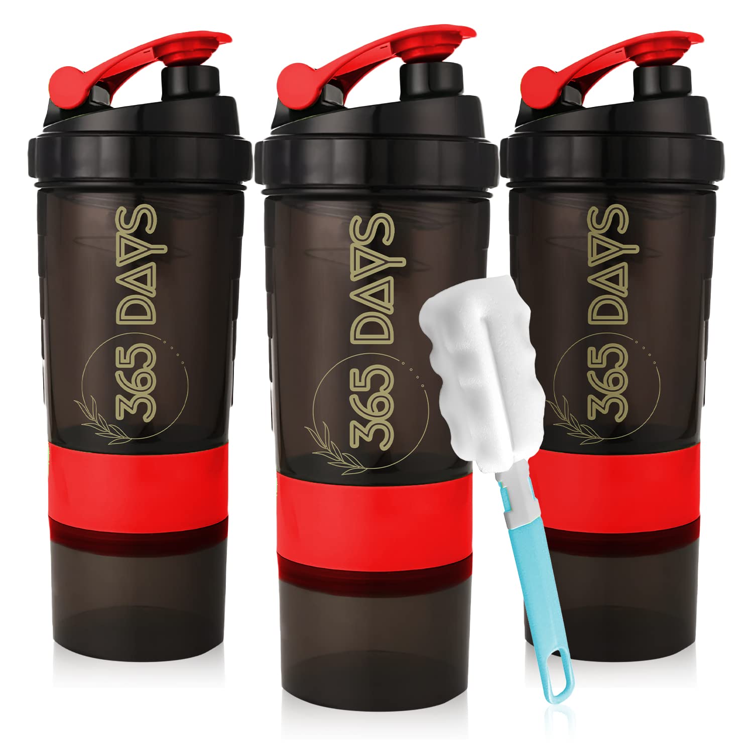 365 DAYS 500ml Protein Shaker Bottle [Set of 3], 3 Layer Non-Slip Plastic Shaker Cup with Pill Tray and Protein Powder, Suitable for Home Office Gym Car Sport (Red)