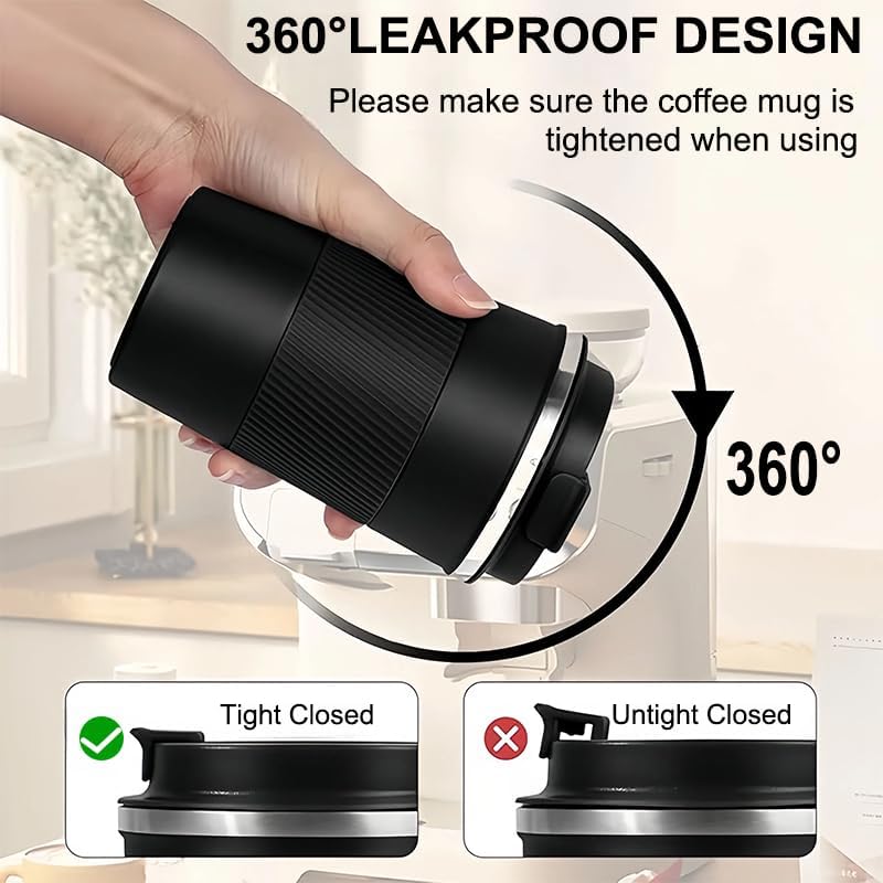 Miniatura 4 de Taza de café de viaje aislada (12 onzas), vaso de café de acero inoxidable con tapa sellada abatible a prueba de derrames, reutilizable, para