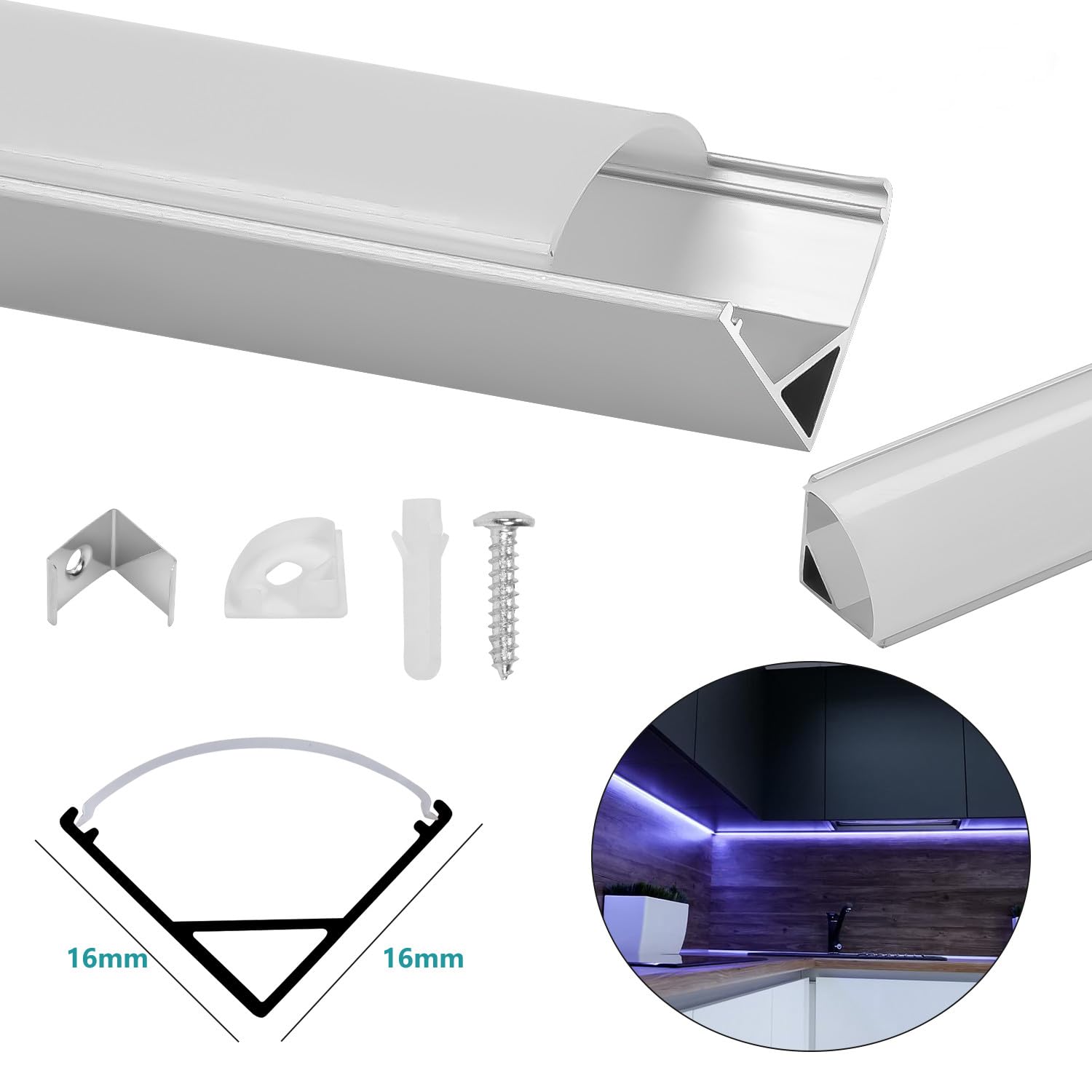 Herrselsam Profil aluminiowy LED, 1 m, 40 sztuk kanałów LED w kształcie litery V do taśm LED do 12 mm, profil LED z osłoną, zaślepkami i klipsami montażowymi