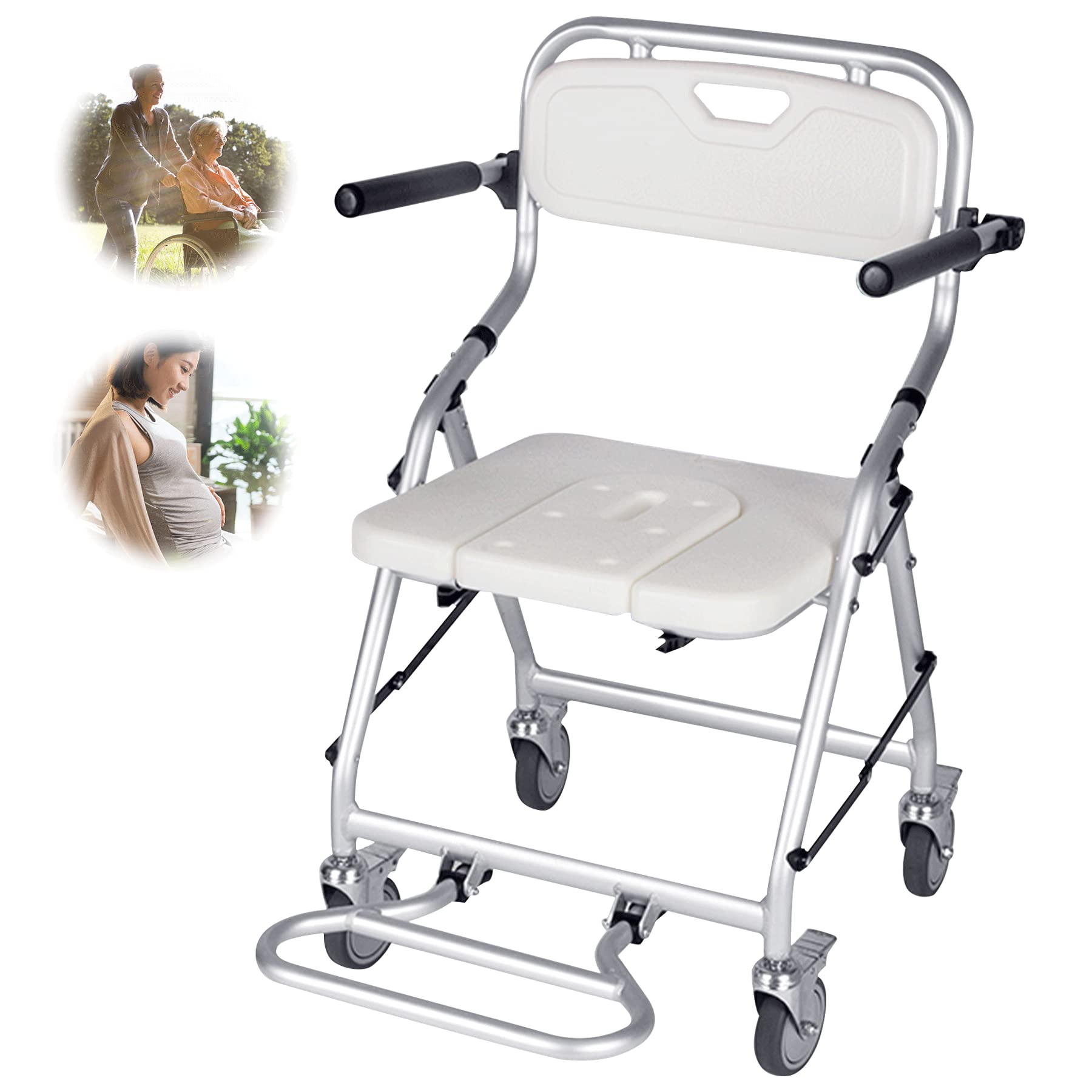 Behinderten Duschstuhl, Duschstuhl für Senioren mit Rollen, Toilettenstuhl Klappbar mit 90° Umkehrbare Armlehnen für Menschen mit Beinverletzungen, Belastung 150 kg