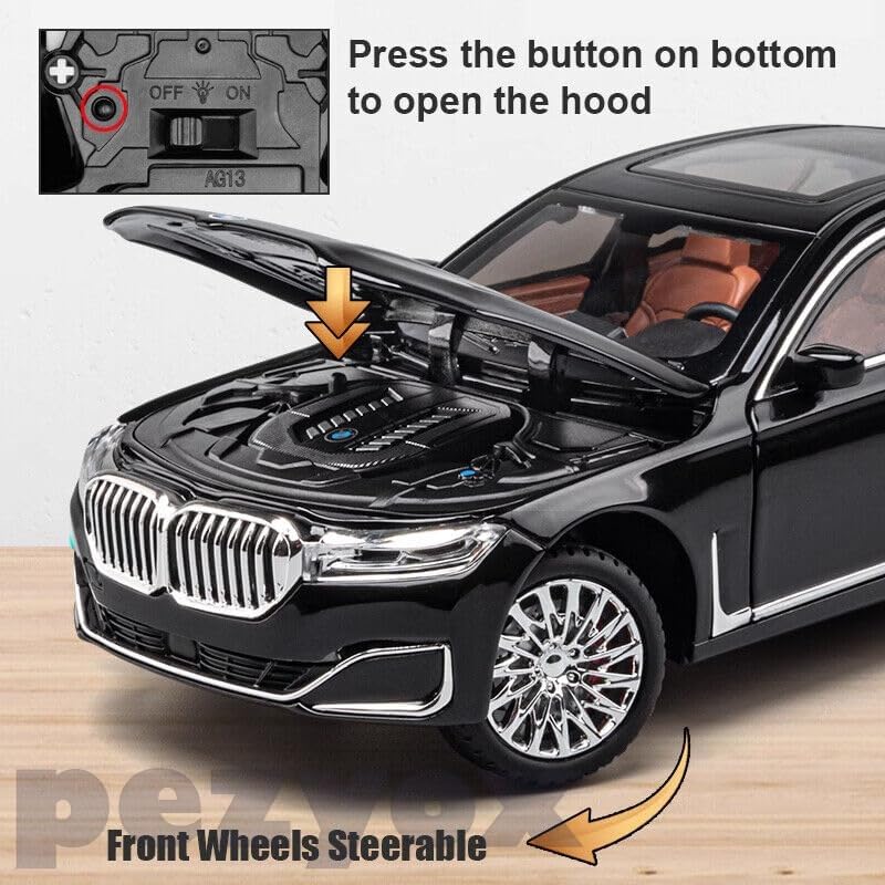 Image of Diecast BMW 7Series 760 THE7 Toy Car 1:24 Scale Model,Pull Back Vehicles Alloy Simulation Supercar with Lights and Sound Also for Car Dashboard,Kids (Black)