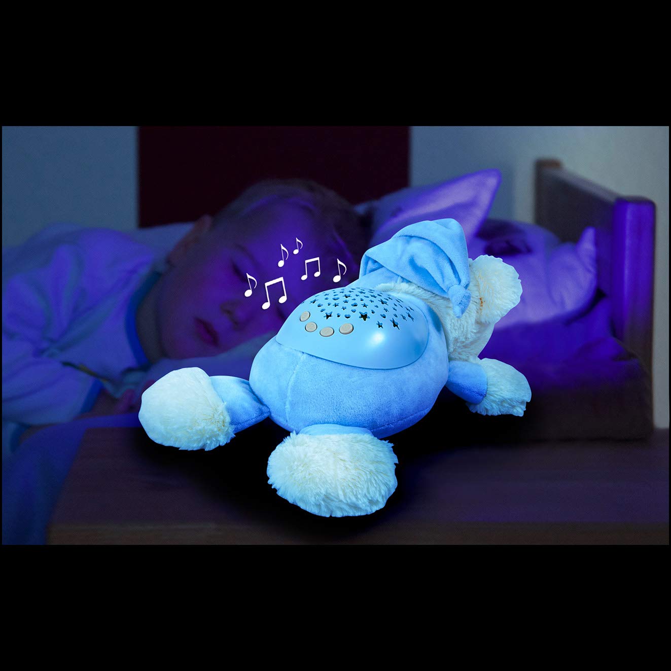Bayer Design Einschlafhilfe, Schlummerlicht, Nachtlicht mit Sternenlicht, Bär Kuscheltier, Nachtlampe, Kinderlicht, Baby Kinder, blau