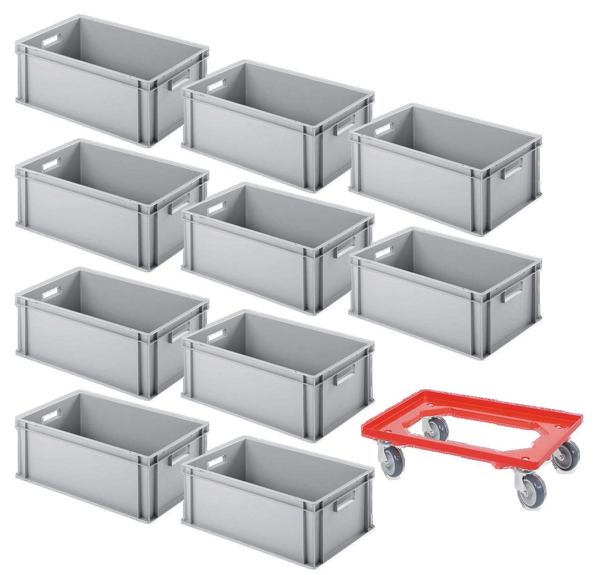 10 x Eurobehälter, LxBxH 600 x 400 x 220 mm + Gratis: 1 Transportroller