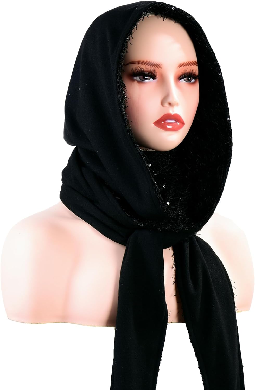 3-in-1 Hooded Scarf, Sequined Knit Winter Hood with Fleece Lining, One Size, Black - Image 3
