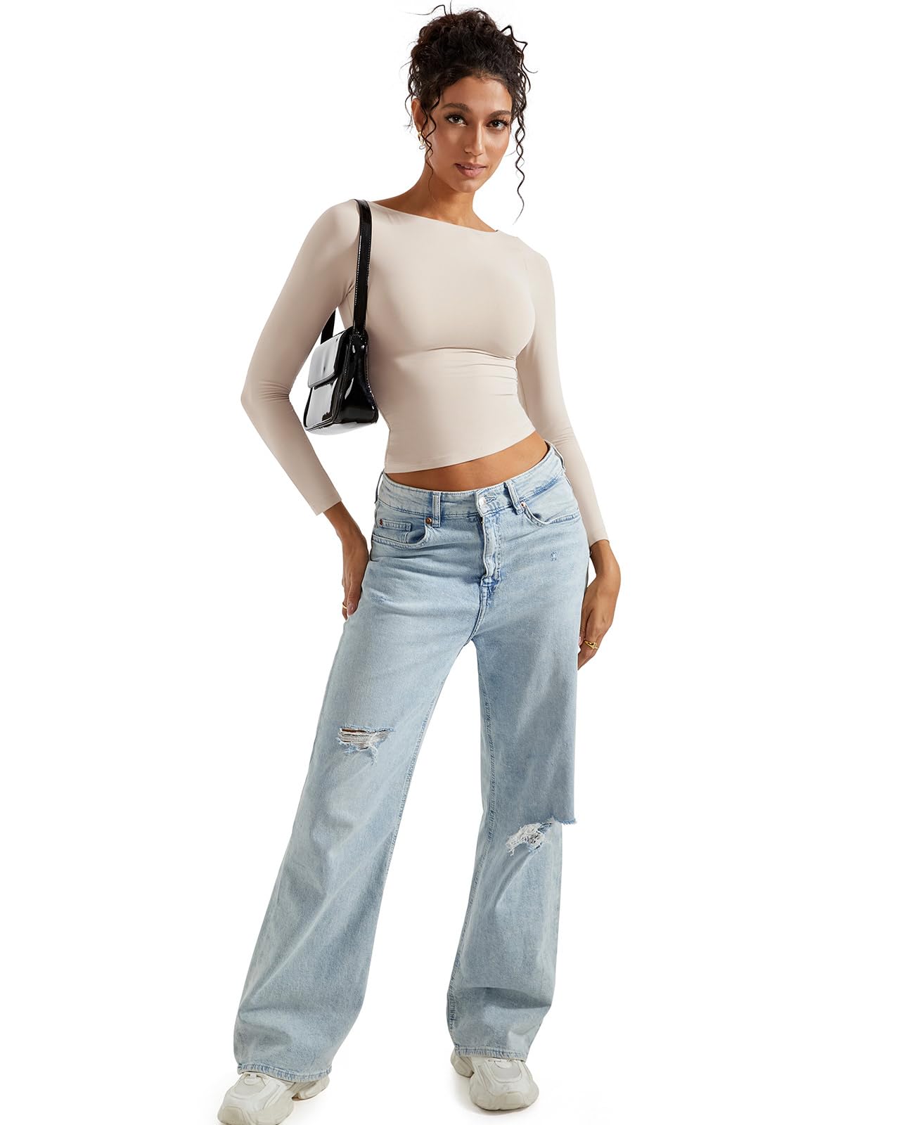 SUUKSESS Women Crew Neck Long Sleeve T Shirts Double Lined Tight Fitted Crop Top: Stone Large