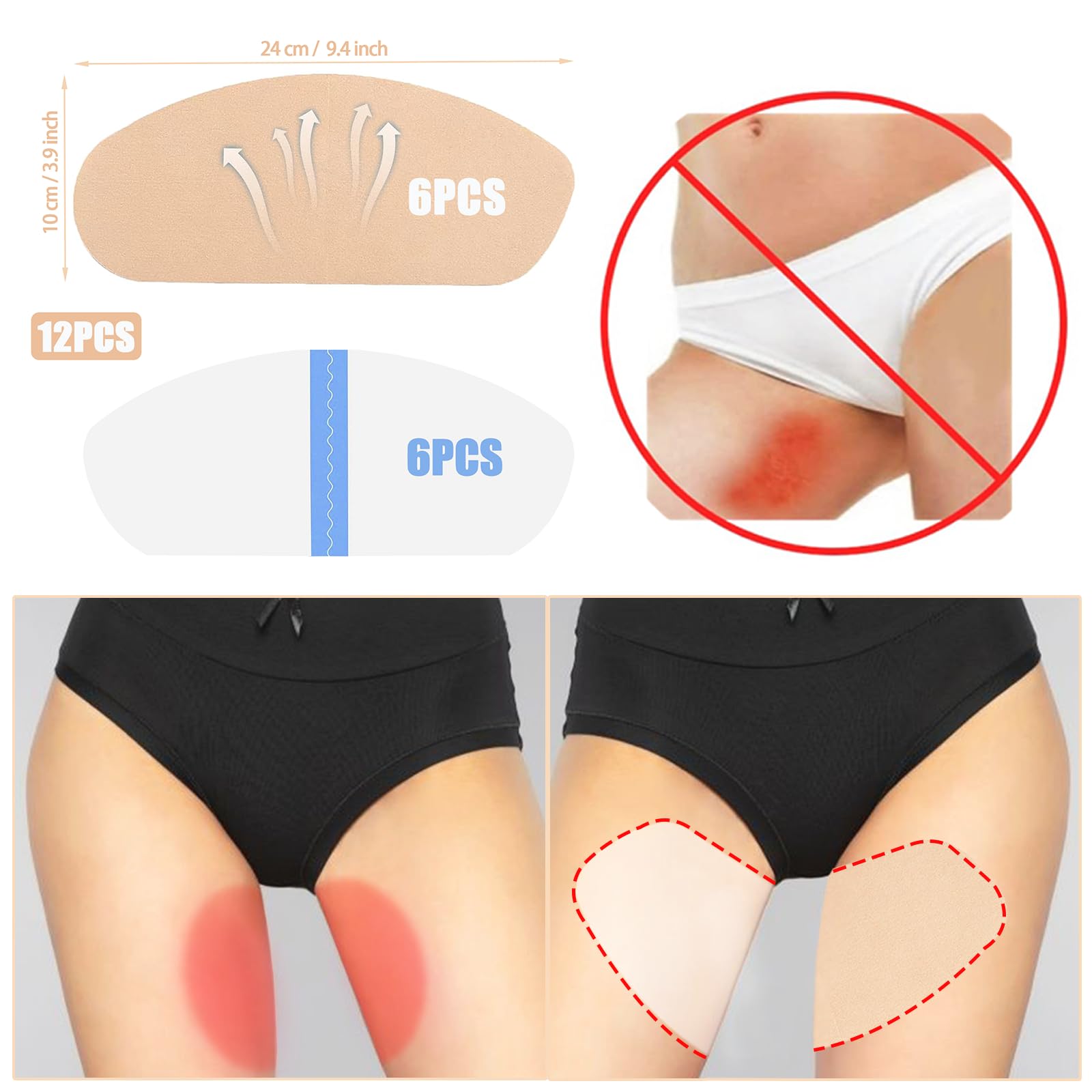 Lot de 12 protège-cuisses anti-frottements, ruban adhésif imperméable transparent pour prévention des frottements, 2 couleurs, peau 6 + transparent 6, 12 pièces
