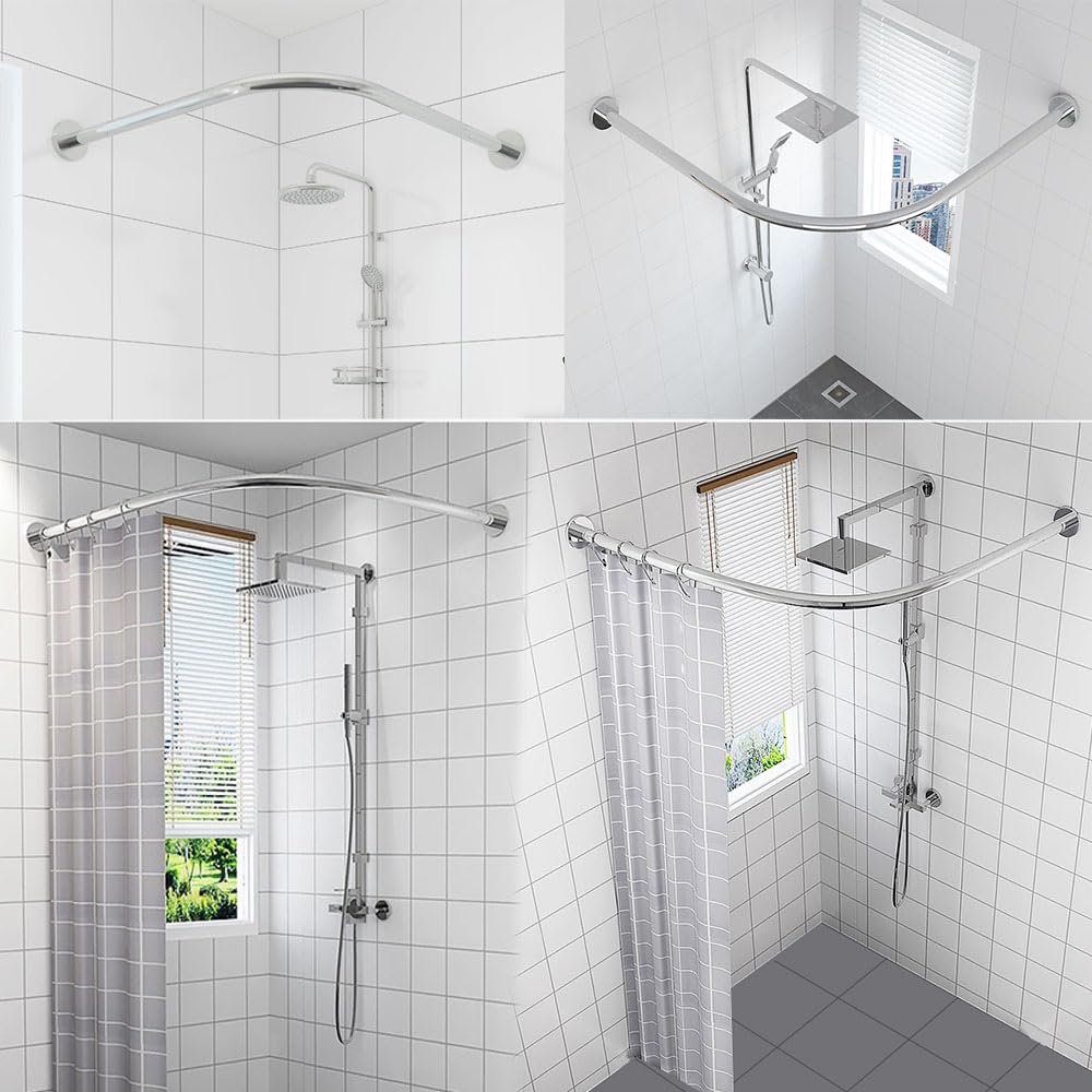 Barra de Cortina de Ducha en L, Acero Inoxidable 304, Barra de Ducha Esquina Ajustable Sin/Con Taladrar, Antióxido para Baño y Bañera, 75–95 cm x 75–95 cm