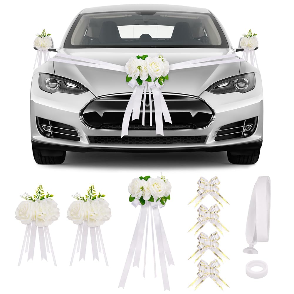 Déco de Voiture de Mariage, Kit de Décoration de Voiture de Mariageavec 3 Roses 4 Nœud 1 Tulle & 1 Ruban Adhésif, Deco Mariage Voiture pour Mariage Réception Cérémonie Fête