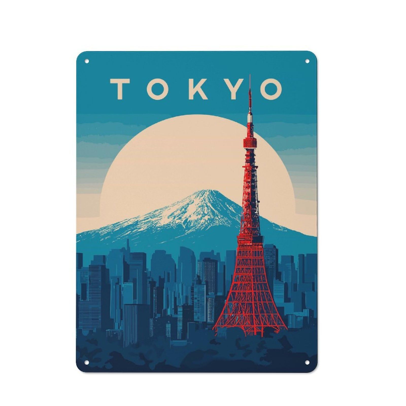 Tokyo Cityscape with Mount Fuji(4) Vintage Metal Wall Decor 40x30cm, Vintage Metal Sign for Hallway, Home Bar, Garage Or Study