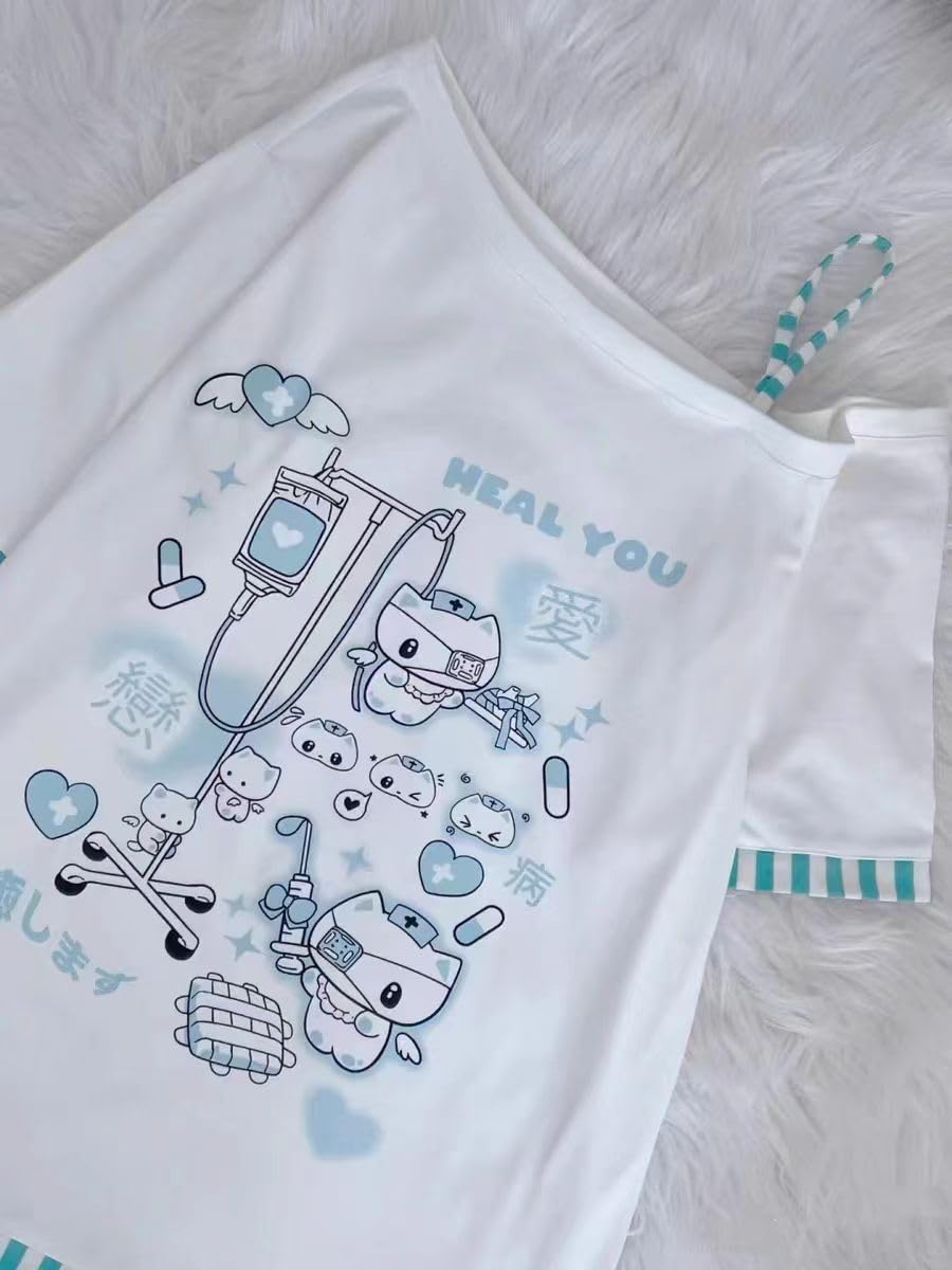 Y2k Kawaii Shirts for Women Cartoon Graphic Tees Off Shoulder Cutecore Shirts Harajuku Fashion Gothic Tops: Blue Large