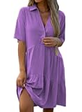 Womens Summer Casual Shirt Dresses Short Sleeve Collared V Neck Button Down Knee Length Loose Fit Dress