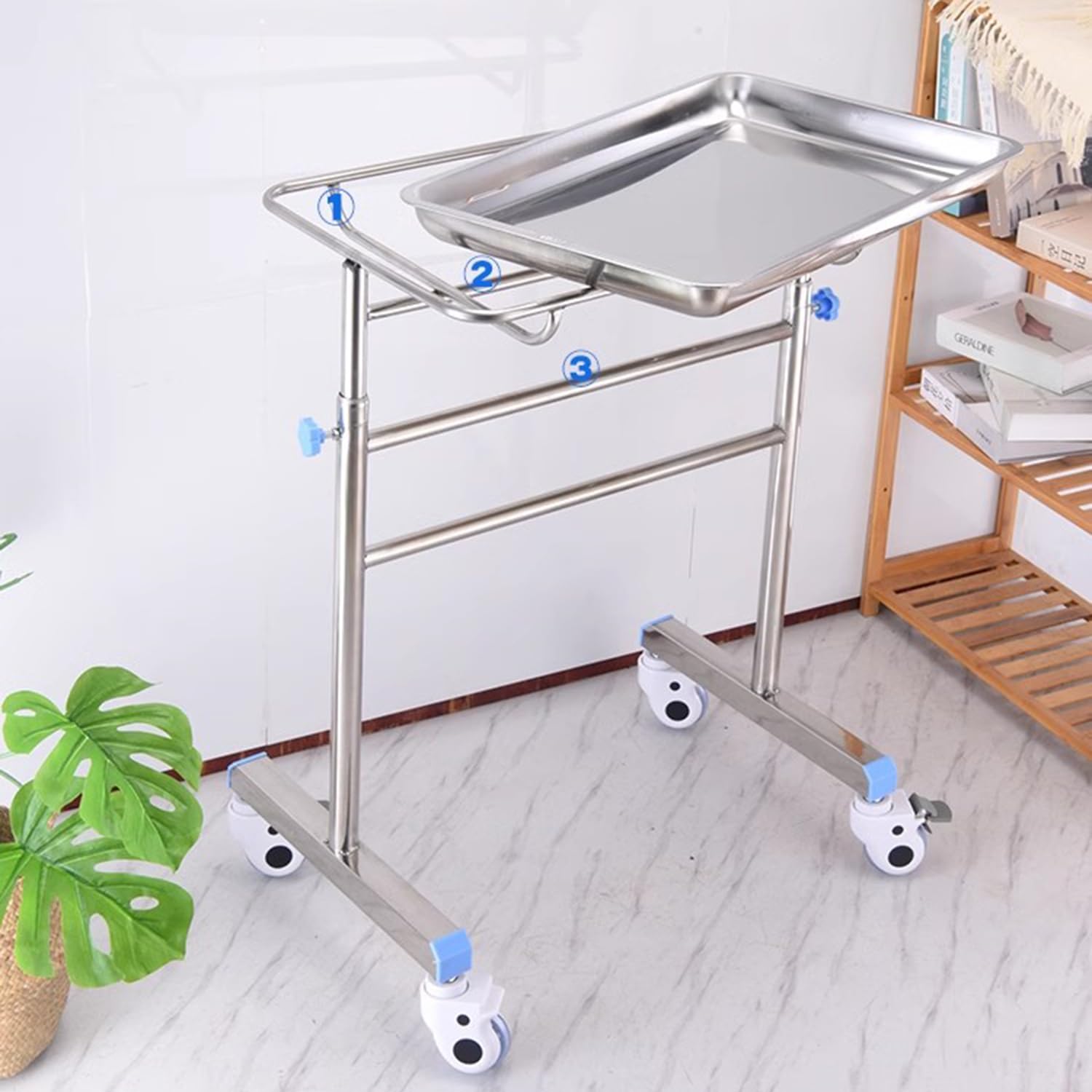 Carrito de Laboratorio con Soporte Bandeja Ajustable Altura del 135-84 cm Carro de Servicio de Acero Inoxidable Movimiento Silencioso para Salón Tatuajes Belleza