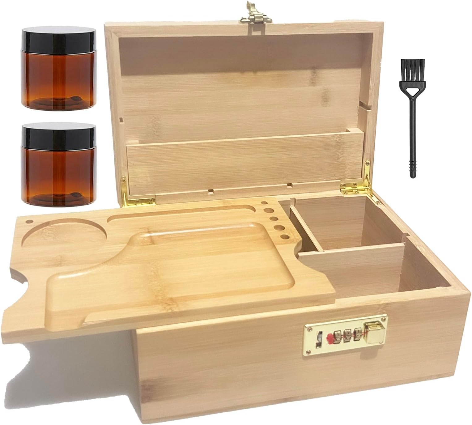 MPROCU Large Bamboo Box with Combination Lock Jars with Detachable Compartment, Decorative Storage Box with Alright Brushes as Great Gift Choice.
