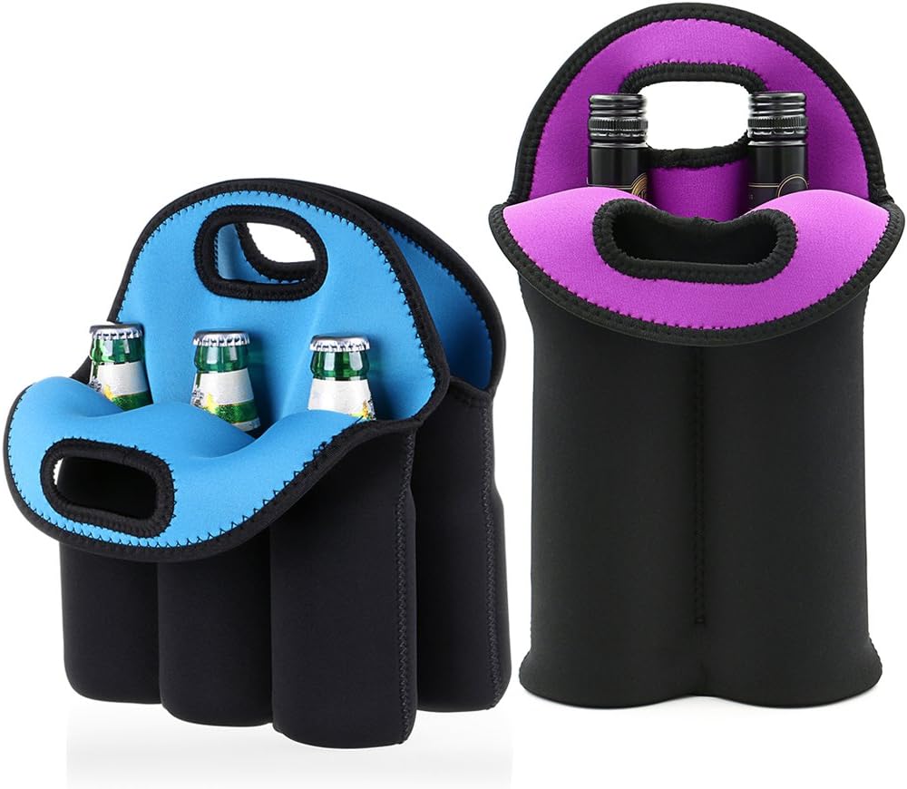 Hipiwe Set of 2 - Insulated Neoprene Wine Carrier Tote Bag + 6 Pack Beer Water Can Carrier Tote Bottle Holder Bottle Cooler Bag - Perfect for Travel with Secure Carry Handle