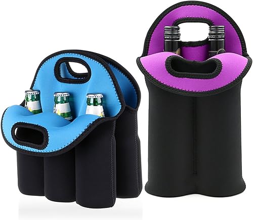 Hipiwe Juego de 2 bolsas de neopreno aisladas para vino + paquete de 6 botellas de agua de cerveza, bolsa enfriadora de botellas, perfecta para