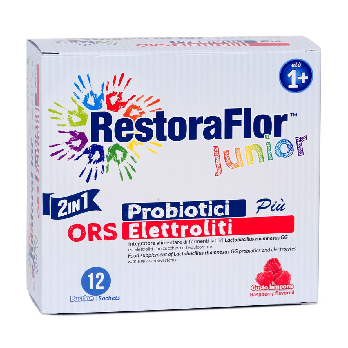 Probiotics for Children Gut Health RestoraFlor Junior - 5 Billion CFU of Lactobacillus Rhamnosus GG and Electrolytes for Dehydration - 12 Raspberry Flavoured Sachets