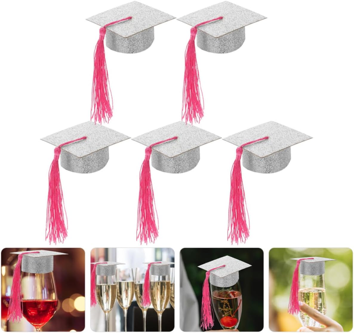 5pcs Silver Graduation Cap Wine Goblet Cover with Tassel Decor