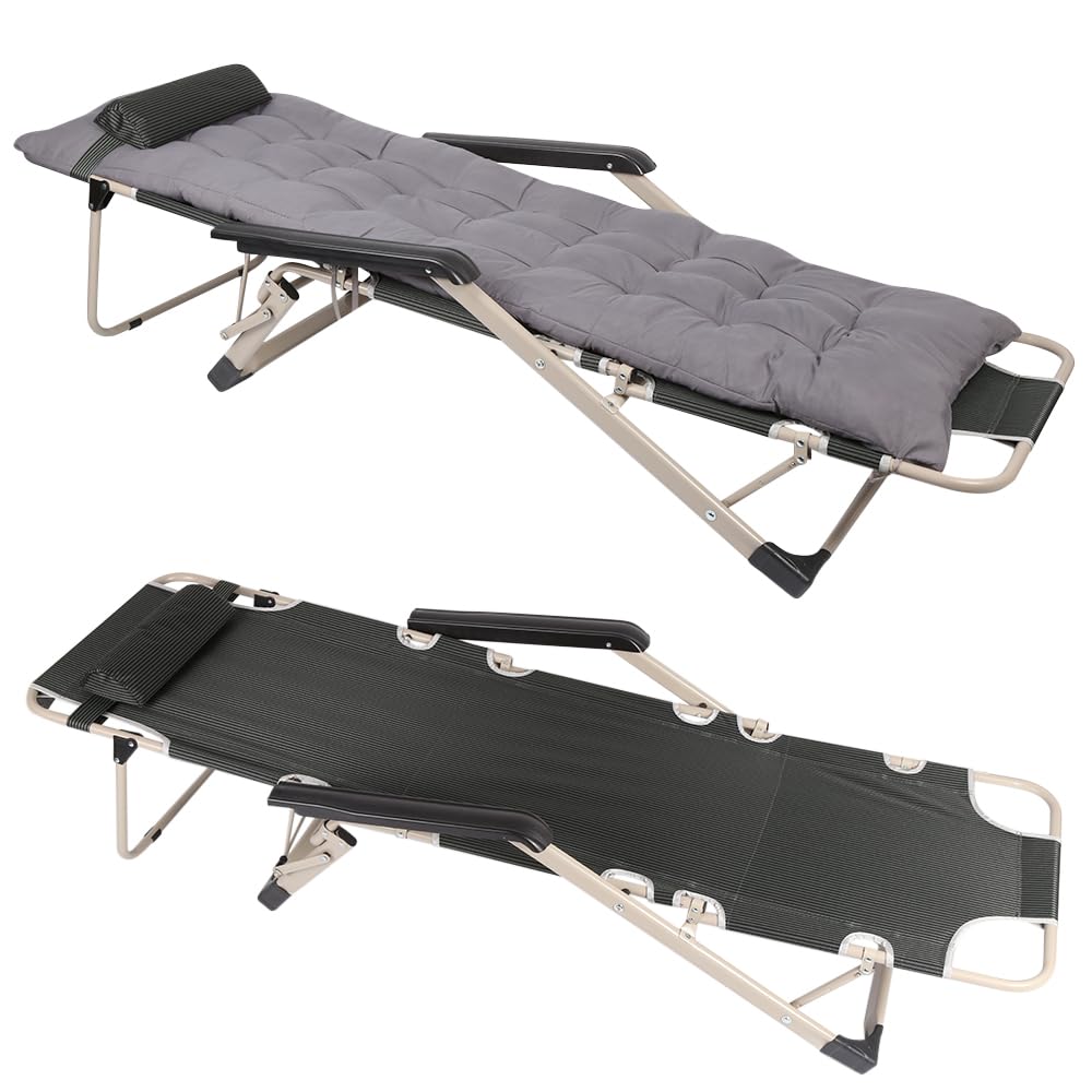 OHMG Silla de Jardín Plegable e Inclinable con Relleno, Reposapiés, Respaldo, Reposacabezas Extraíble, Tumbona Exterior, Estructura de Acero Epoxy, Mueble de Salón