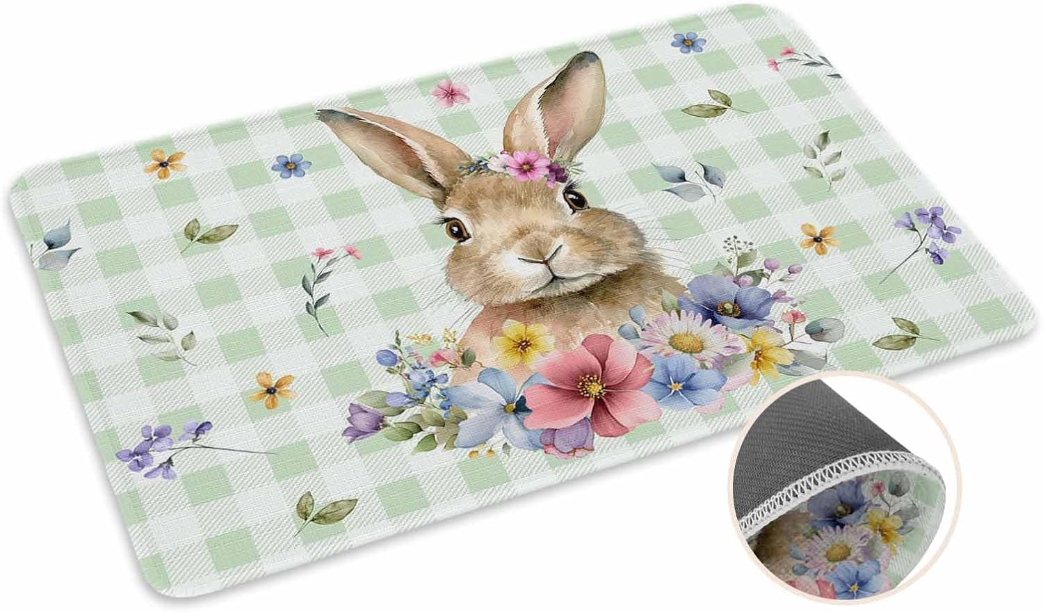 Easter Door Mat Floral Bunny Doormat Rabbit Green Buffalo Plaid Welcome Mat Non Slip Rubber Entryway Front Rug Floor Mat for Indoor Outdoor Kitchen Spring Holiday Home Decor Gifts 20x32 Inch