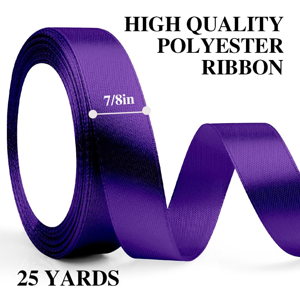 Purple Ribbons for Crafting - 20mm x 23m Dark Purple Satin Ribbons for Gift Wrapping Flower Arranging, Hair Decor & Party Decorations - Image 2