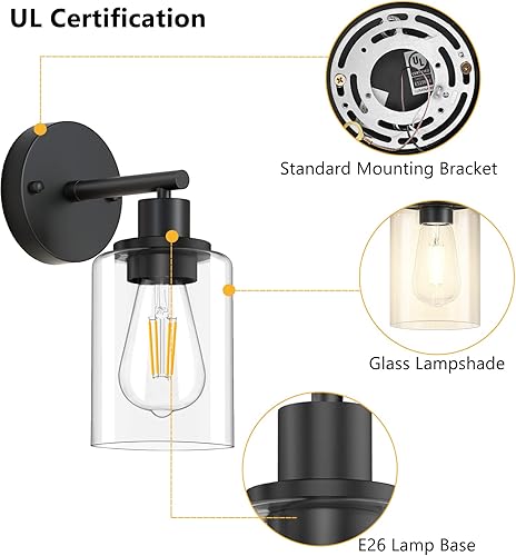 Miniatura 7 de Asnxcju Juego de 2 apliques de pared negros de 1 luz, accesorios de pared para tocador de baño con pantalla de vidrio transparente, lámpara moderna