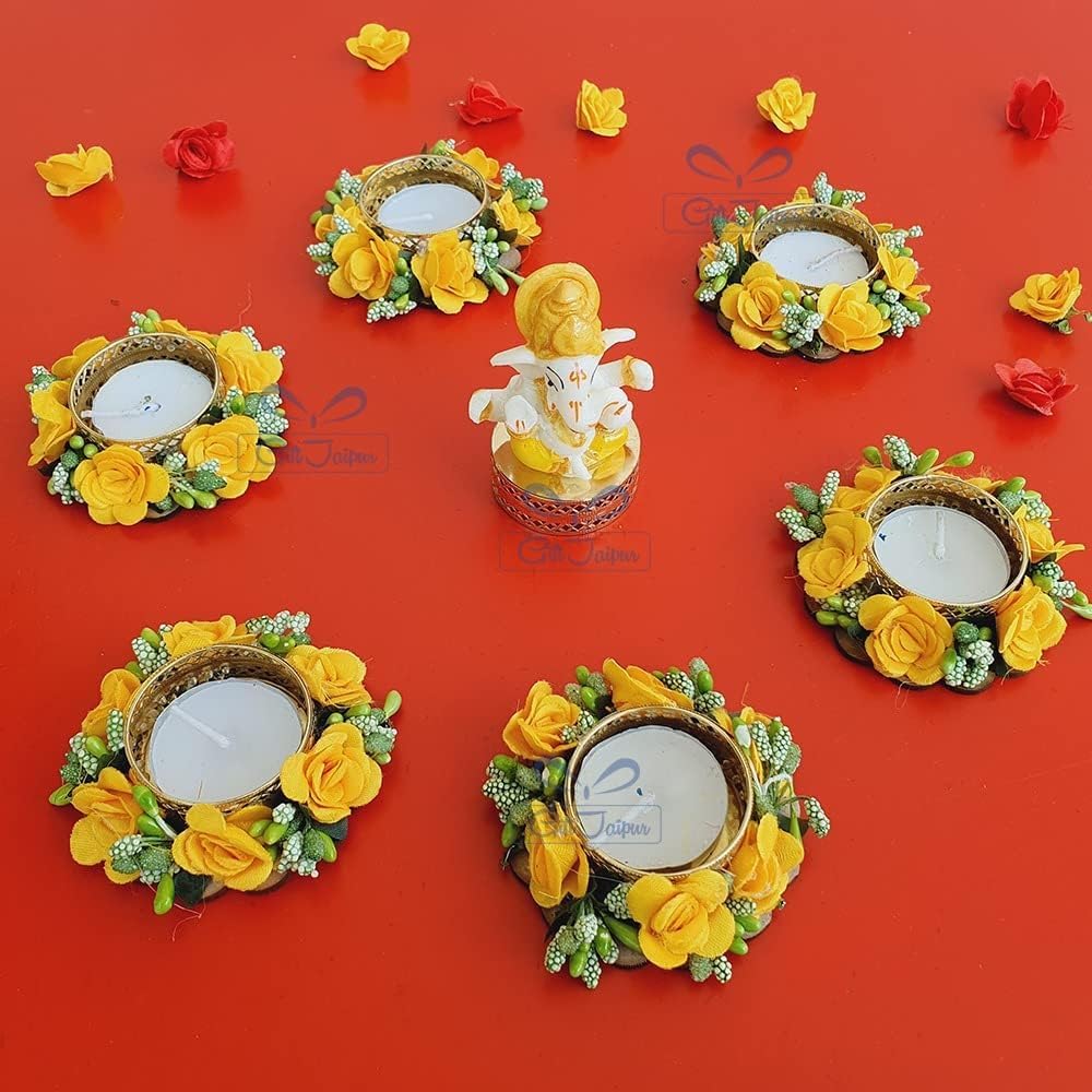 6 pc Yellow Diwali Decorative Handmade Tea Light Candle Designer Diyas with Ganesha Idol - Deepak, Candles, Home Decoration for puja Festival New Year Ganesha Chaturthi