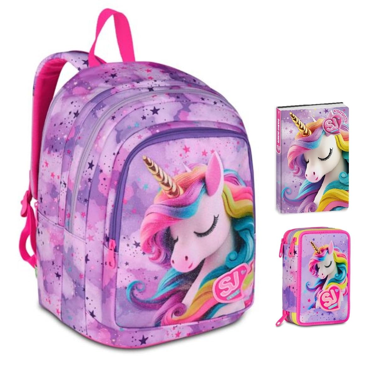 Zaino Scuola Sj girl Fable Journey Unicorno alato ADVANCED TONDO By Seven per elementare Bambina + Astuccio 3 piani + Diario 2025/2026 + 7 penne a scatto e portachiave pailettes