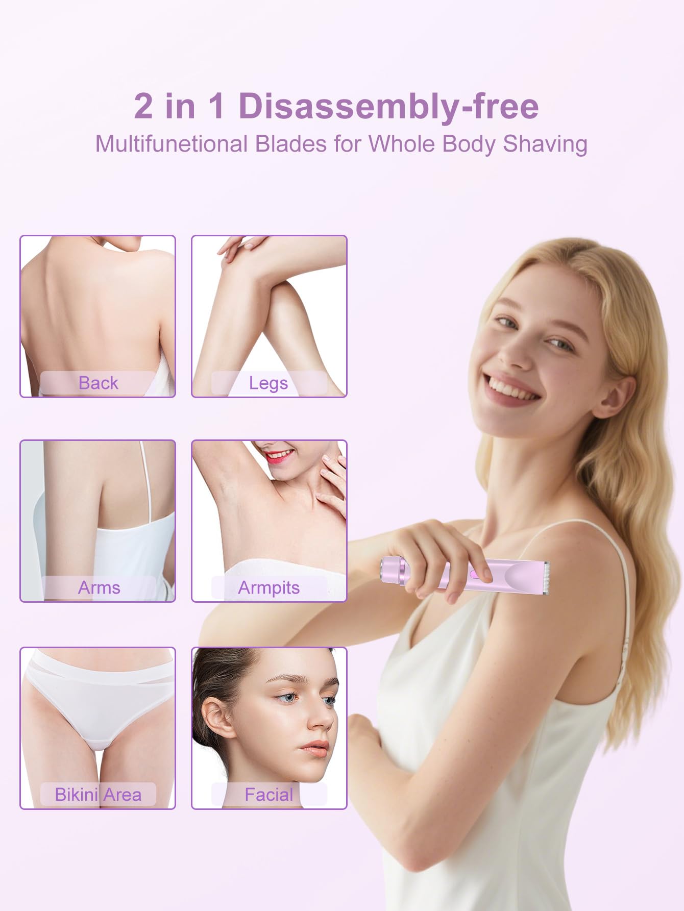 Joigivit 2 en 1 recortadora de bikini para mujer, afeitadora de doble cabezal, afeitadora eléctrica, para vello púbico femenino, IPX7, impermeable, bikini, axilas, piernas, cara, cuerpo - 2
