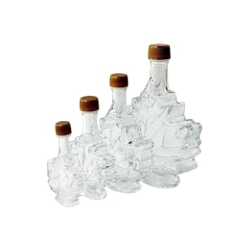 North Mountain Supply Glass Maple Syrup Bottles Reusable Leaf Shaped Glass Bottles with Tamper-Evident Gold Plastic Lids Multi-Size Sampler Set 4 Bottles