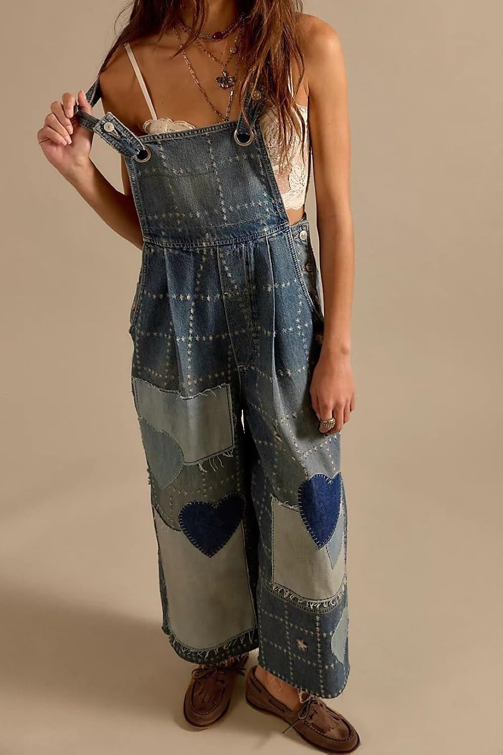 CHARTOU Women Plaid Heart Patchwork Wide Leg Denim Overall Adjustable Straps Frayed Boho Baggy Jean Jumpsuit