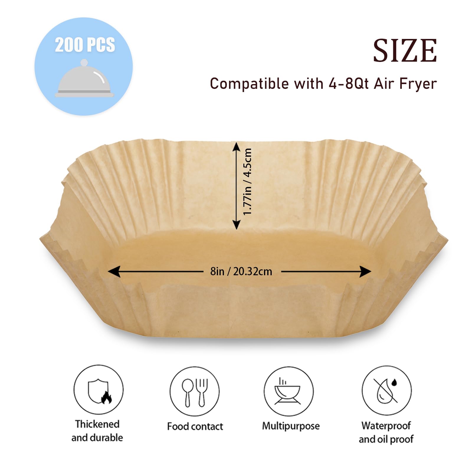 200 Stück Luftfritteusen-Papiereinlagen, Einweg-Papiereinlagen, antihaftbeschichtet, für 4–8 QT Luftfritteusenkorb, ölbeständig, wasserdicht, Backpapier, Braten, Mikrowelle (quadratisch, 20,3 cm)